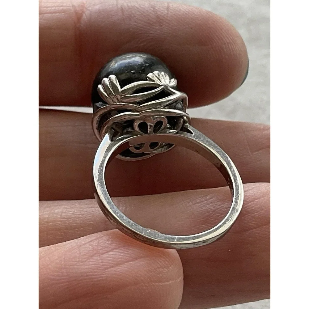 Vintage 925 Sterling Silver Black Pearl Ring Size 5.25 Estate Jewelry